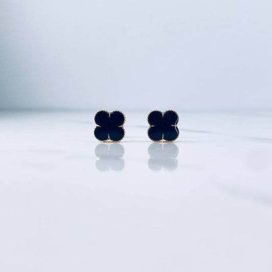 Stud Earrings Clover 1.25gr / 8mm Black Resin 18K Yellow Gold &