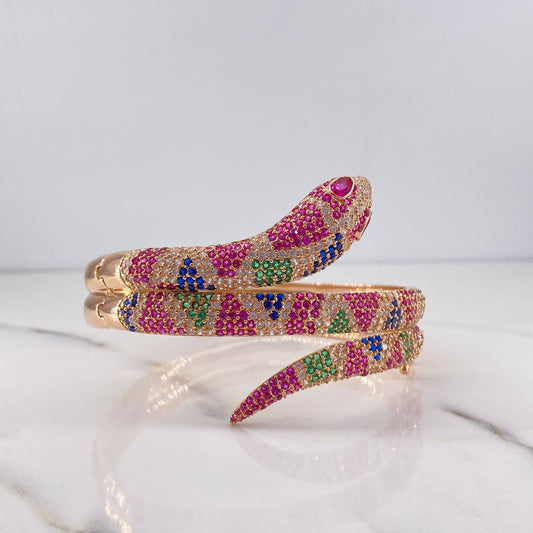Bracelet Snake Ring 41.8gr / 20.42cm / Fuchsia Green Blue White Zircons 18K Rose Gold &