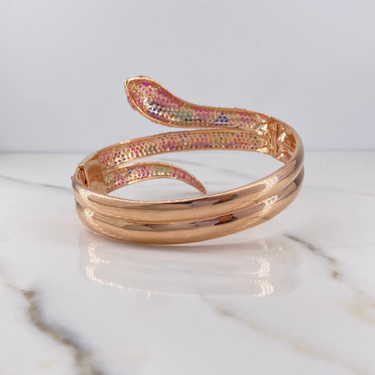 Bracelet Snake Ring 41.8gr / 20.42cm / Fuchsia Green Blue White Zircons 18K Rose Gold &