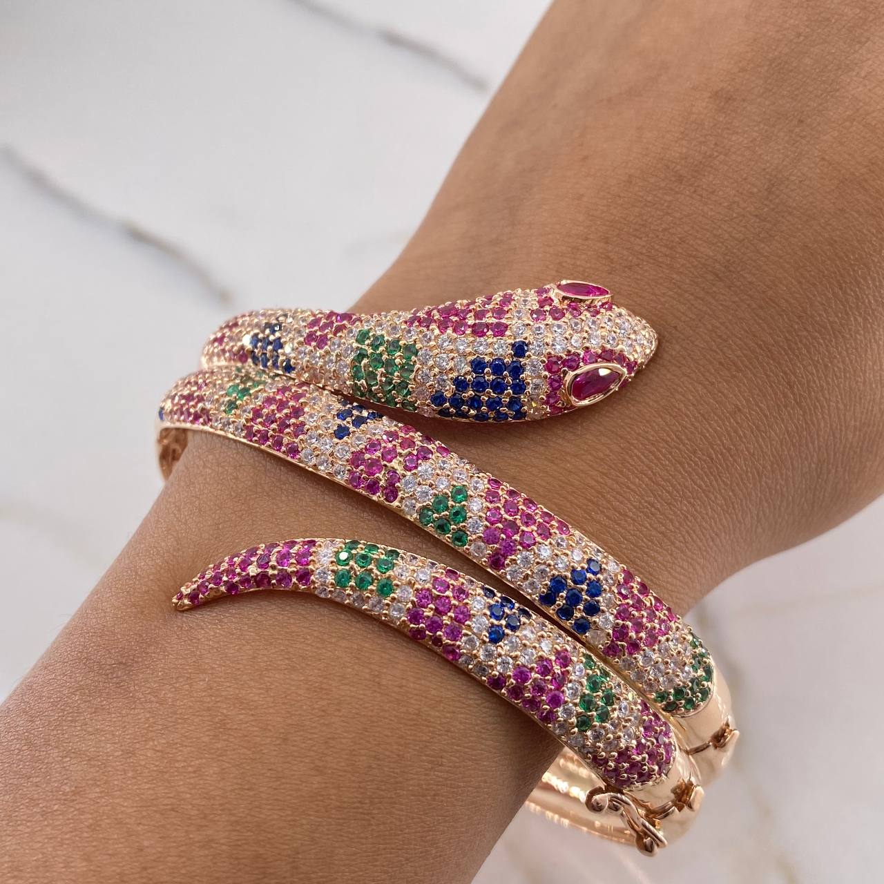 Bracelet Snake Ring 41.8gr / 20.42cm / Fuchsia Green Blue White Zircons 18K Rose Gold &
