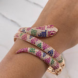 Bracelet Snake Ring 41.8gr / 20.42cm / Fuchsia Green Blue White Zircons 18K Rose Gold &