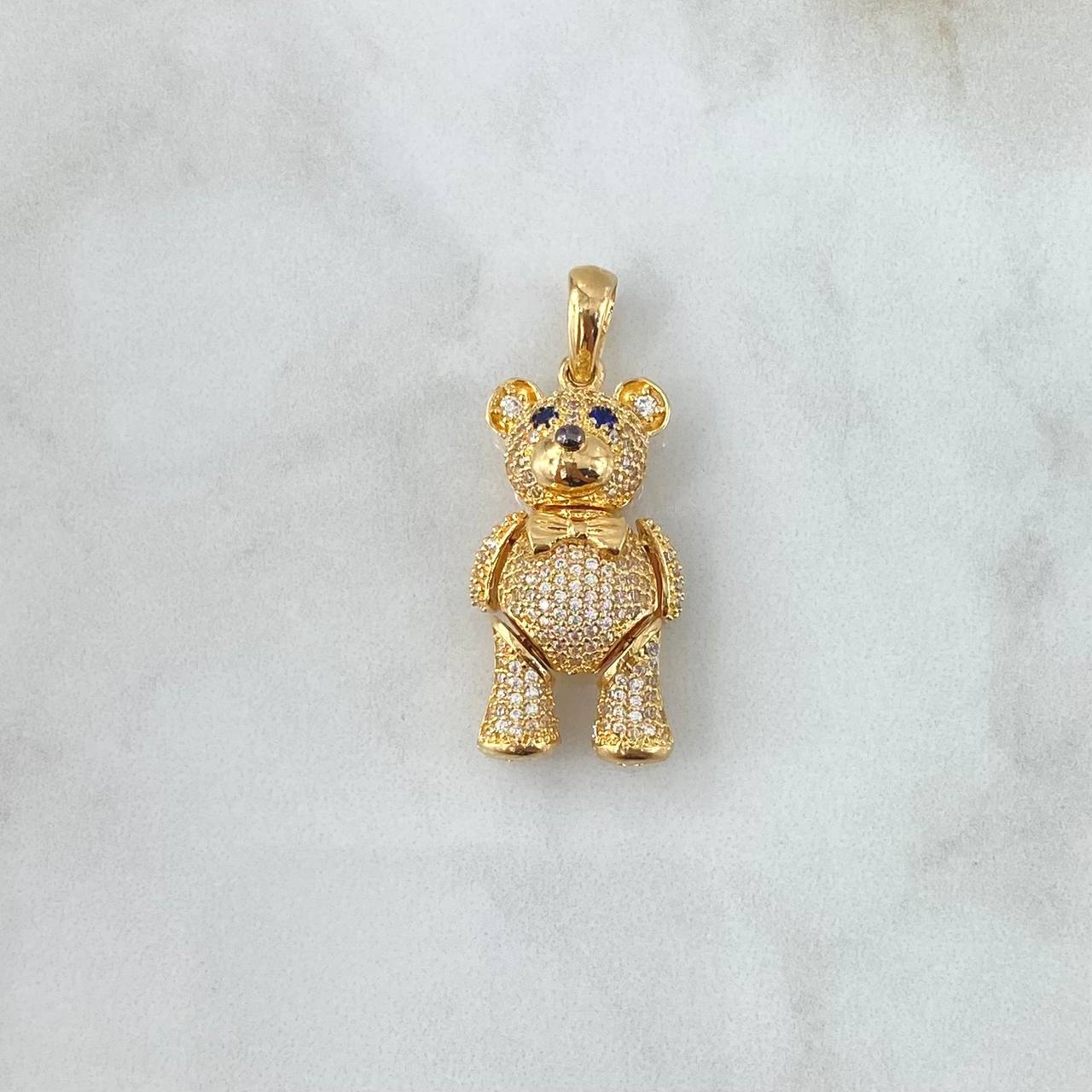 Pendant Articulated Bear 8.6gr / 3.7cm / Bow - White and Blue Zircons 18K Yellow Gold *
