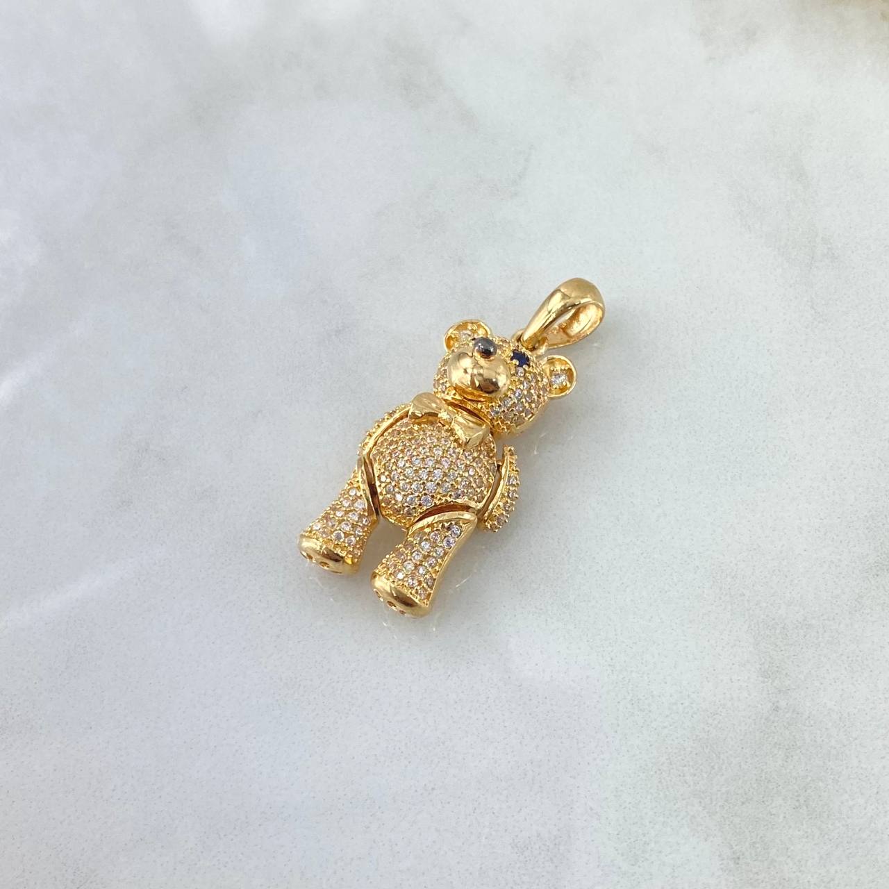 Pendant Articulated Bear 8.6gr / 3.7cm / Bow - White and Blue Zircons 18K Yellow Gold *