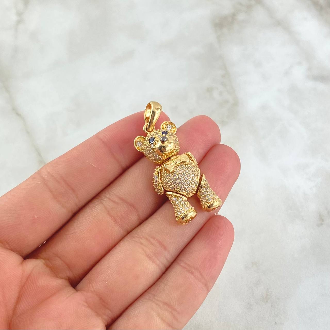 Pendant Articulated Bear 8.6gr / 3.7cm / Bow - White and Blue Zircons 18K Yellow Gold *