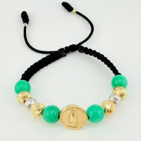 Pulsera Tejida Virgen Guadalupe Morallas 8Mm-7Mm-6Mm-3Mm Dos Oros Amarillo Blanco 18K
