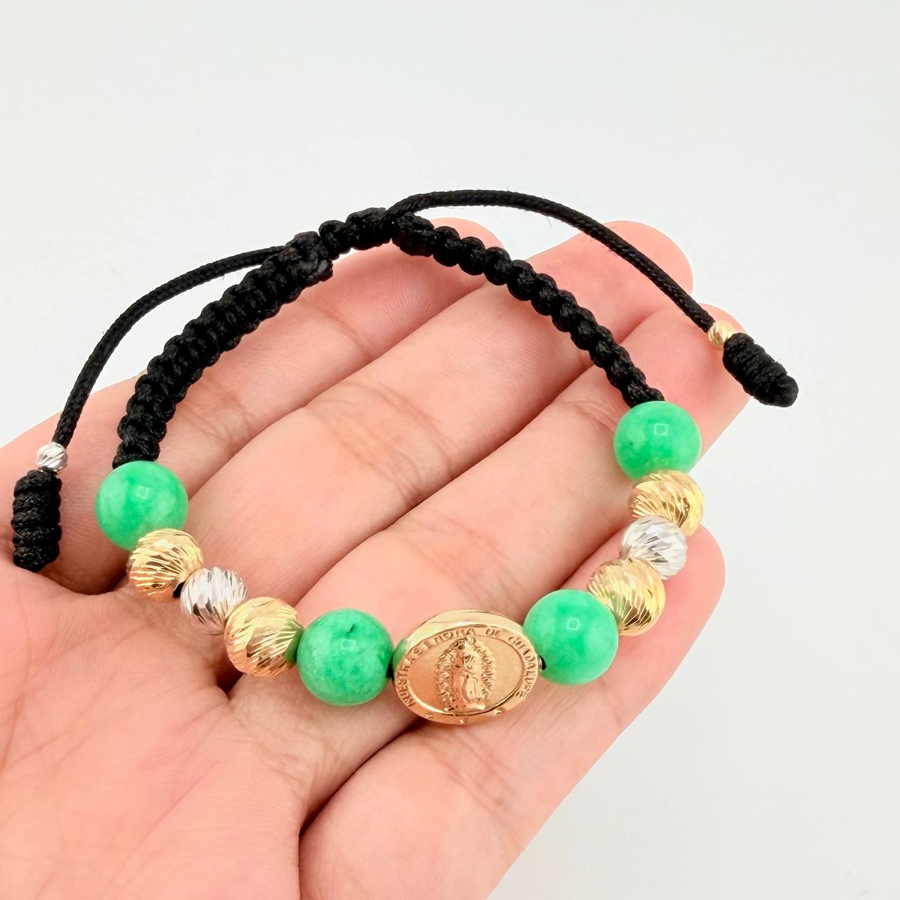 Pulsera Tejida Virgen Guadalupe Morallas 8Mm-7Mm-6Mm-3Mm Dos Oros Amarillo Blanco 18K