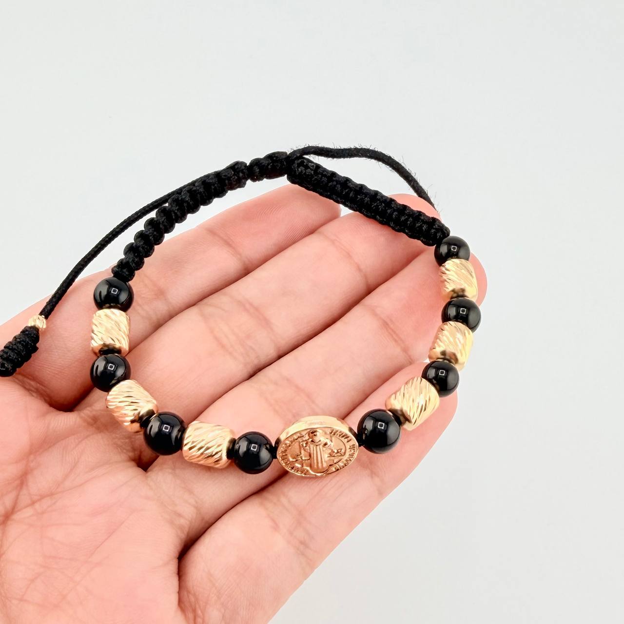 Pulsera Tejida Herraje San Benito Cilindros 6Mm-3Mm Oro Amarillo 18K