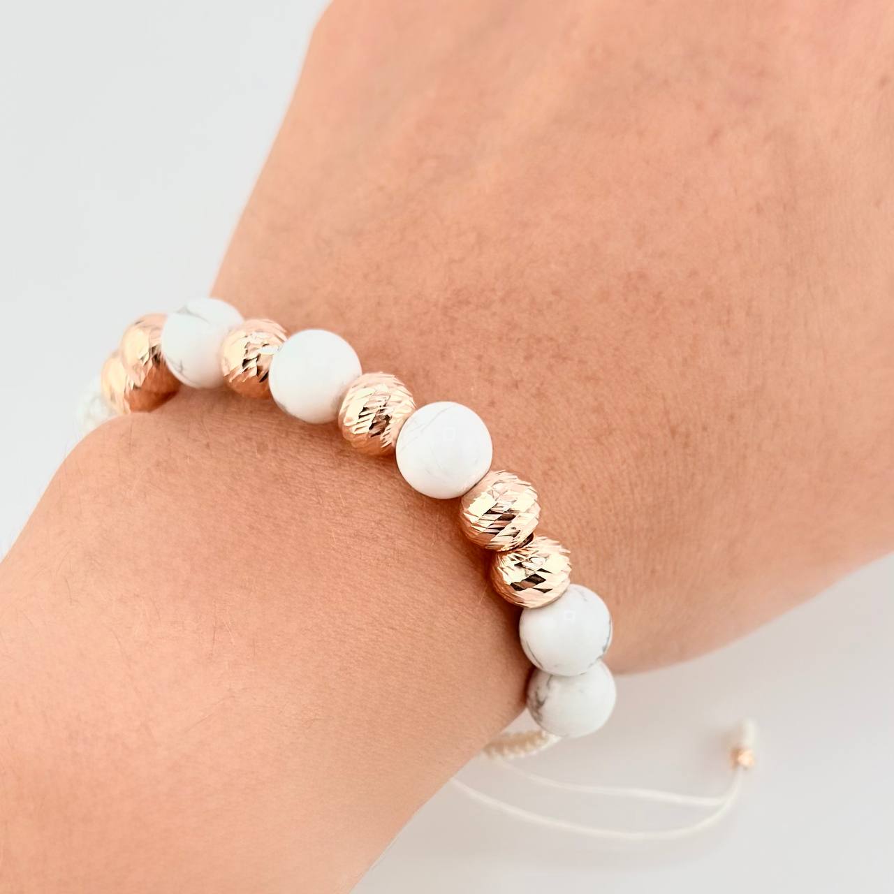 Woven Bracelet with Interspersed Diamond Cut Beads 8Mm Rose Gold 18K