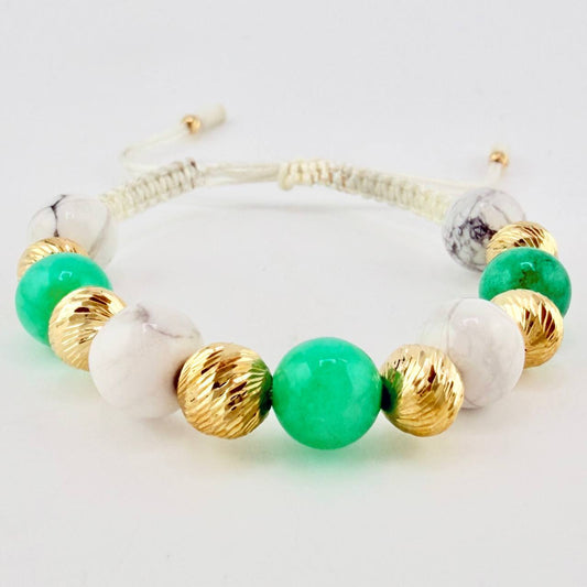 Pulsera Tejida Bolas Blancas Morallas 8Mm- 7Mm-3Mm Oro Amarillo 18K