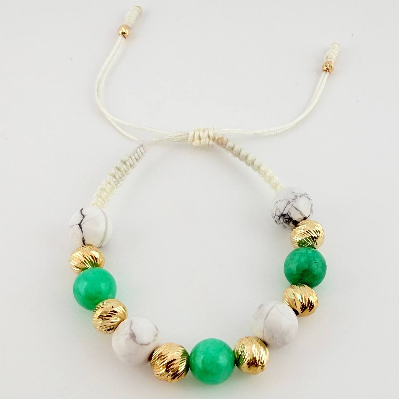 Pulsera Tejida Bolas Blancas Morallas 8Mm- 7Mm-3Mm Oro Amarillo 18K