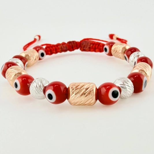 Pulsera Tejida Ojos Turcos Cilindros 6Mm Dos Oros Blanco Rosa 18K