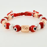 Woven Bracelet with Turkish Eye Cylinders 6mm Two Golds White Rose 18K