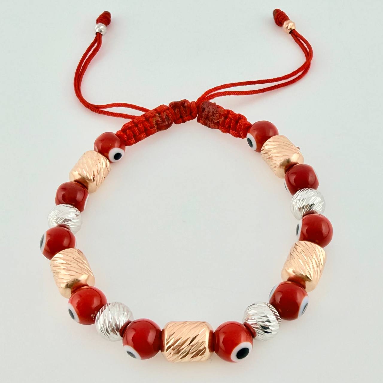 Woven Bracelet with Turkish Eye Cylinders 6mm Two Golds White Rose 18K