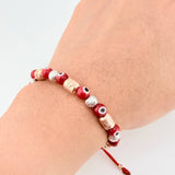 Woven Bracelet with Turkish Eye Cylinders 6mm Two Golds White Rose 18K
