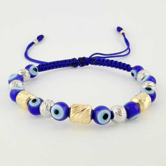 Pulsera Tejida Ojos Turcos Cilindros 6Mm-3Mm Dos Oros Amarillo Blanco 18K
