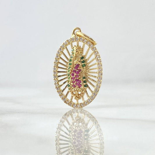 Dije Virgen Guadalupe Ovalo Filigrana 3.2gr / 2.6cm / Circones Blancos Verdes Fucsia Oro Amarillo 18K