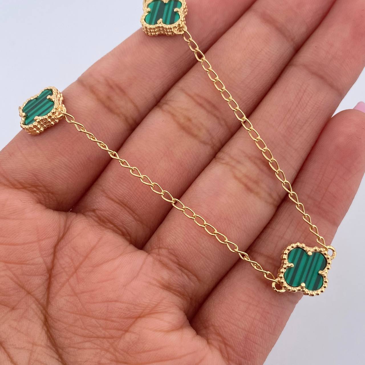 Cadena Espiga Trebol 7.7gr / 46.6cm-49.3cm / 1.3mm Malaquita Verde Oro Amarillo 18K &