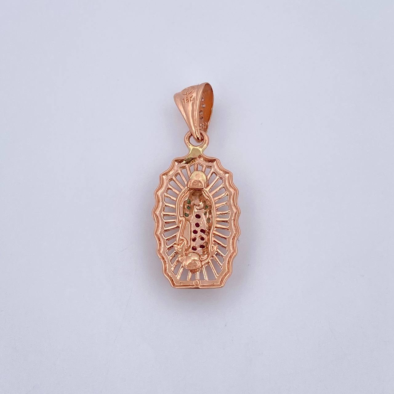 Dije Virgen Guadalupe 2.7gr / 3.1cm / Circones Fucsias Verdes Blancos Oro Rosa 18K &
