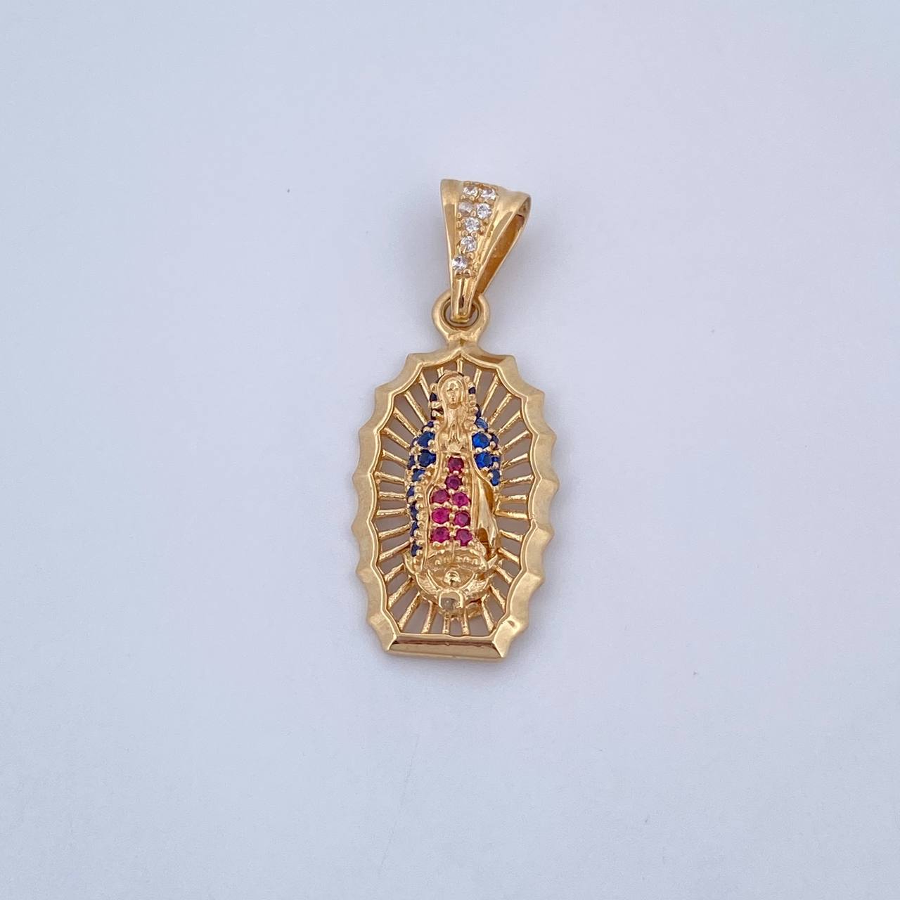 Pendant Virgin Guadalupe 3gr / 3.1cm / Fuchsia Blue White Zircons 18K Yellow Gold &