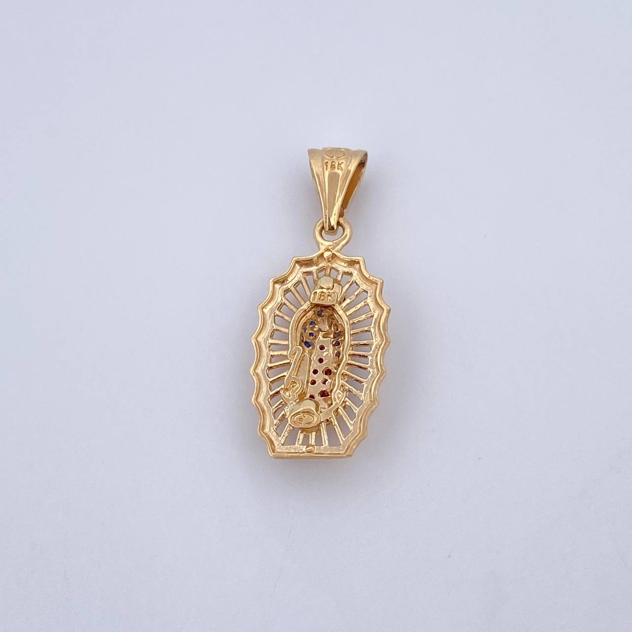 Pendant Virgin Guadalupe 3gr / 3.1cm / Fuchsia Blue White Zircons 18K Yellow Gold &
