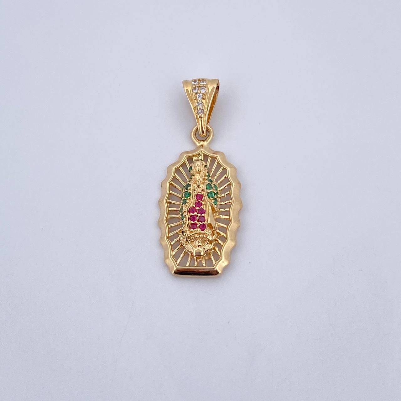 Pendant Virgin Guadalupe 3gr / 3.1cm / Fuchsia Green White Zircons 18K Yellow Gold &