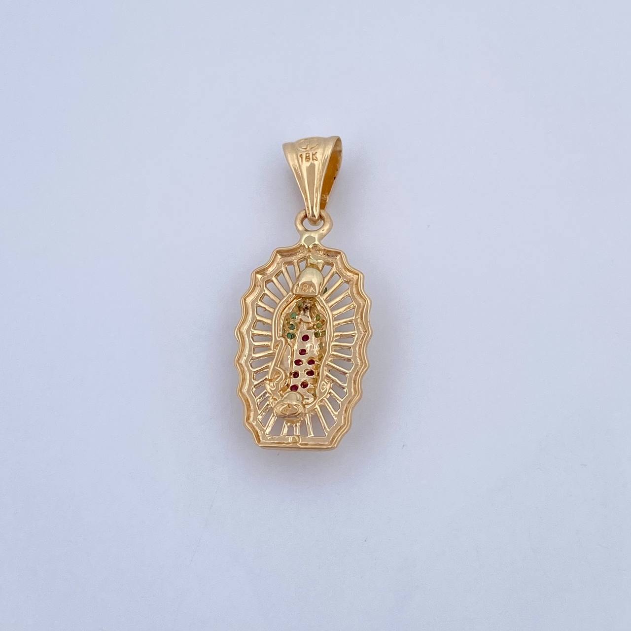 Pendant Virgin Guadalupe 3gr / 3.1cm / Fuchsia Green White Zircons 18K Yellow Gold &