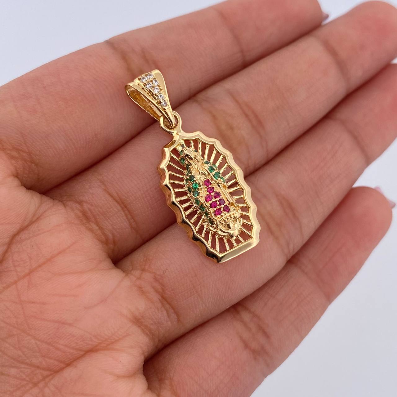 Pendant Virgin Guadalupe 3gr / 3.1cm / Fuchsia Green White Zircons 18K Yellow Gold &