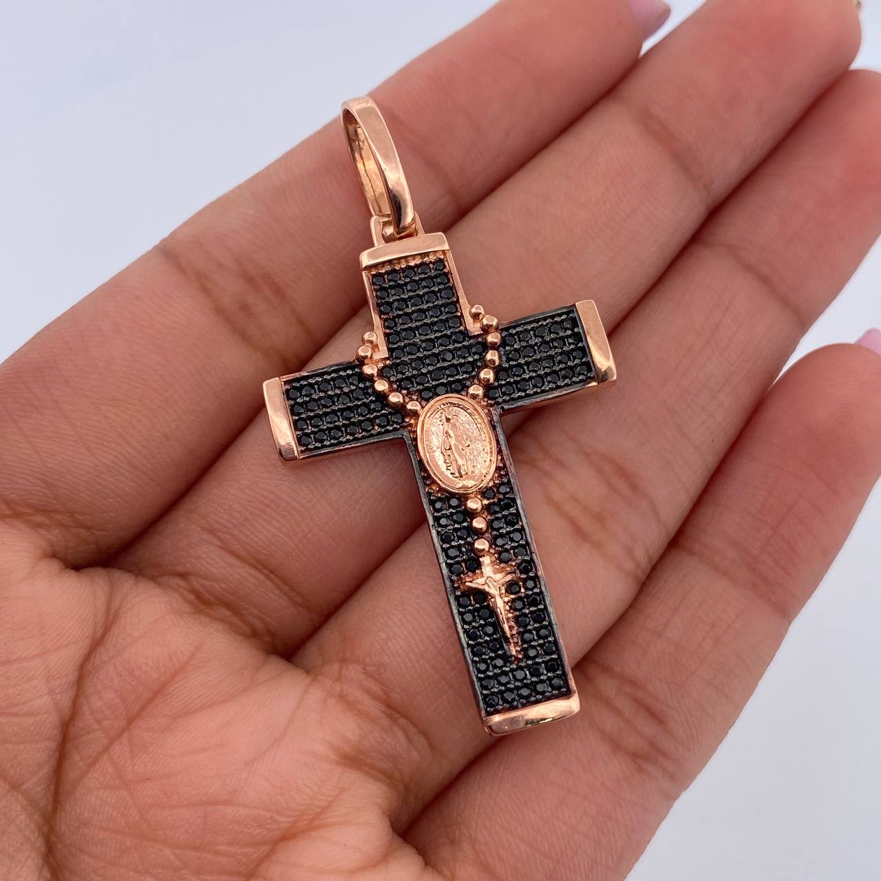 Pendant Virgin Miraculous Cross Rosary 6.4gr / 4.8cm / Black Zircons Two-tone Black Rose 18K &