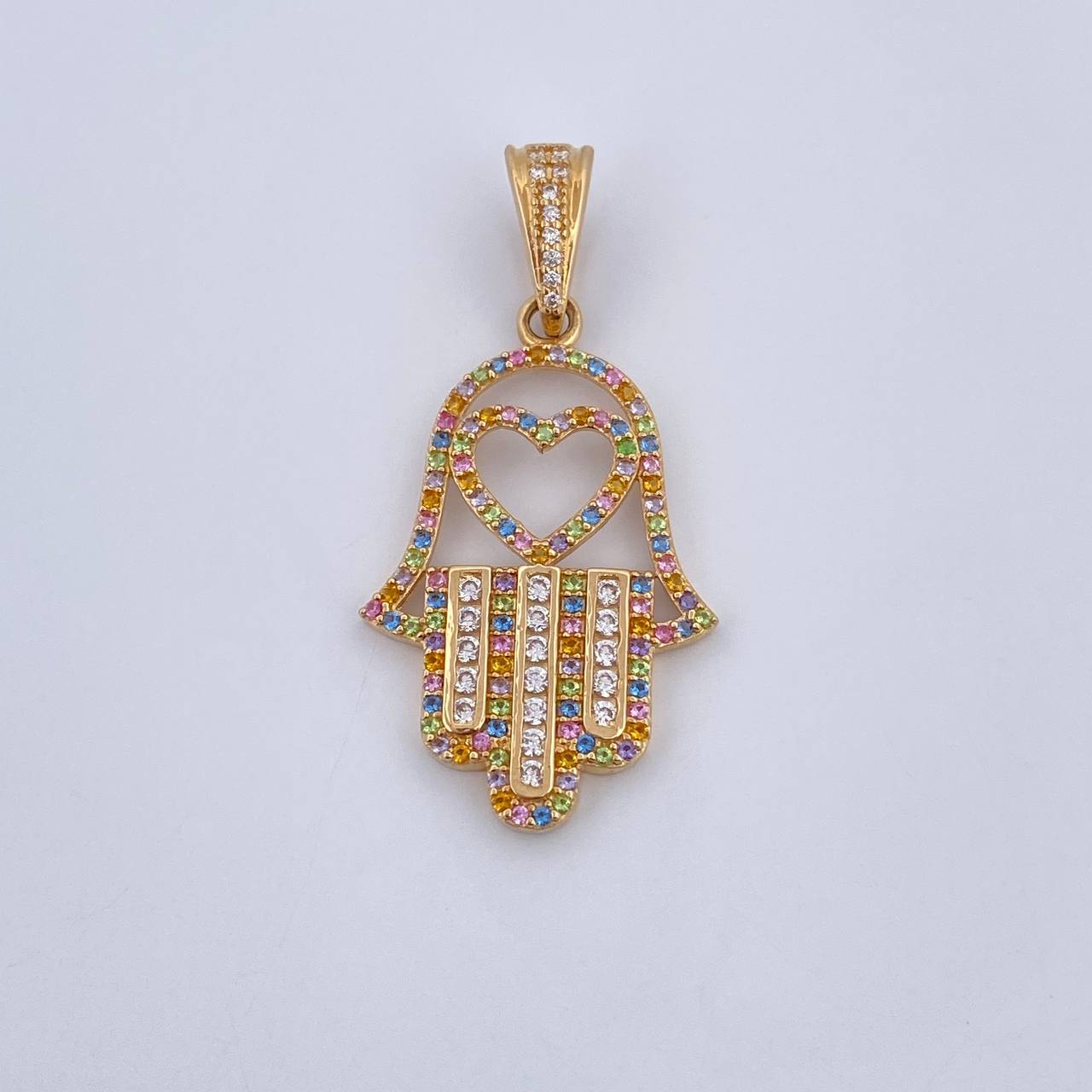Pendant Hamsa Hand 4.1gr / 4cm / Colored Zircons 18K Yellow Gold &