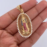 Dije Virgen Guadalupe 7.2gr / 4.4cm / Circones Fucsias Azules Blancos Oro Amarillo 18K &
