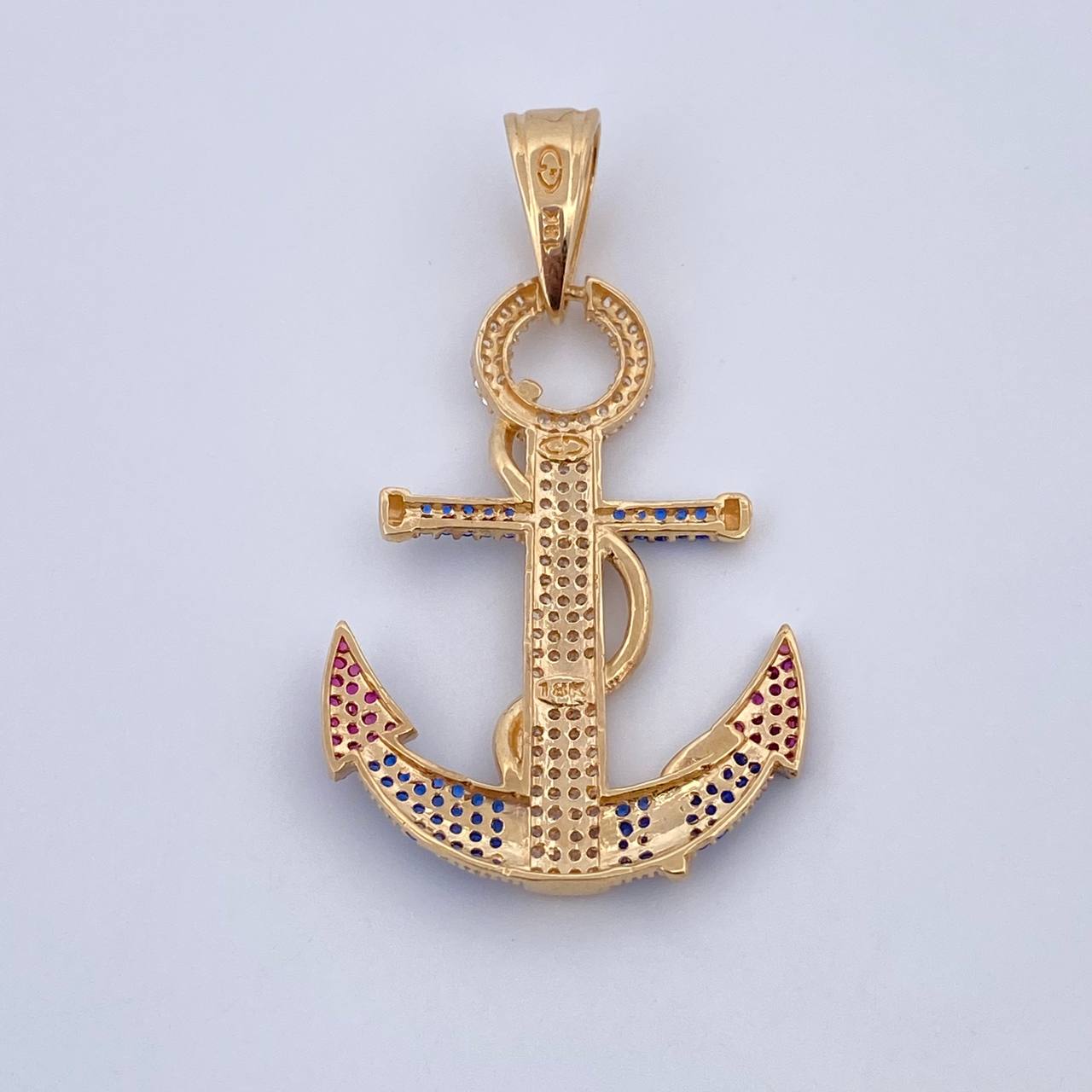 Pendant Anchor 6.85gr / 4.8cm / Fuchsia Blue White Zircons Two 18K Golds Black Yellow &