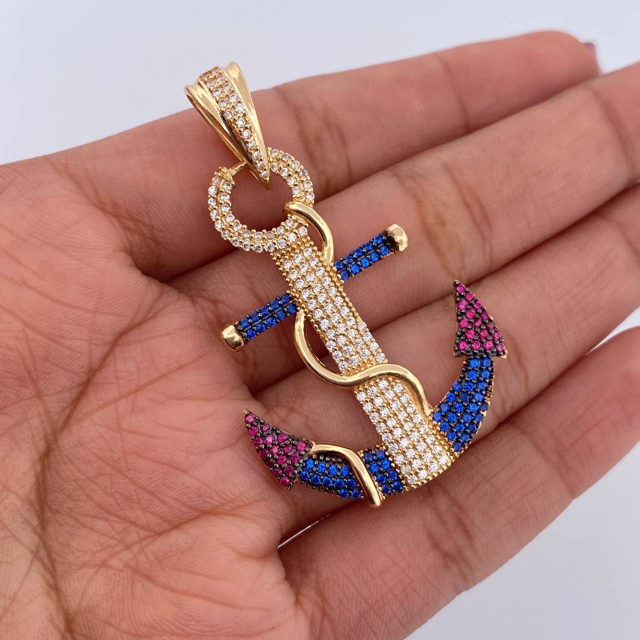 Pendant Anchor 6.85gr / 4.8cm / Fuchsia Blue White Zircons Two 18K Golds Black Yellow &