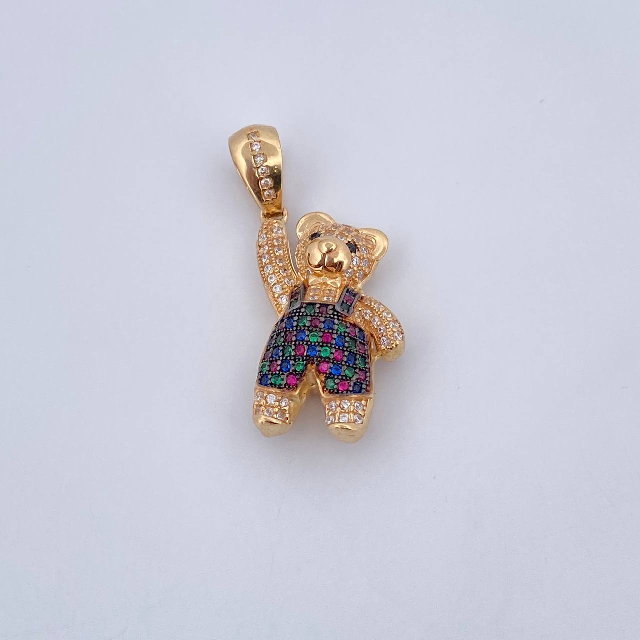 Pendant Bear Overalls 6.2gr / 3.5cm / Fuchsia Green Blue White Black Zircons Two Golds Black Yellow 18K &