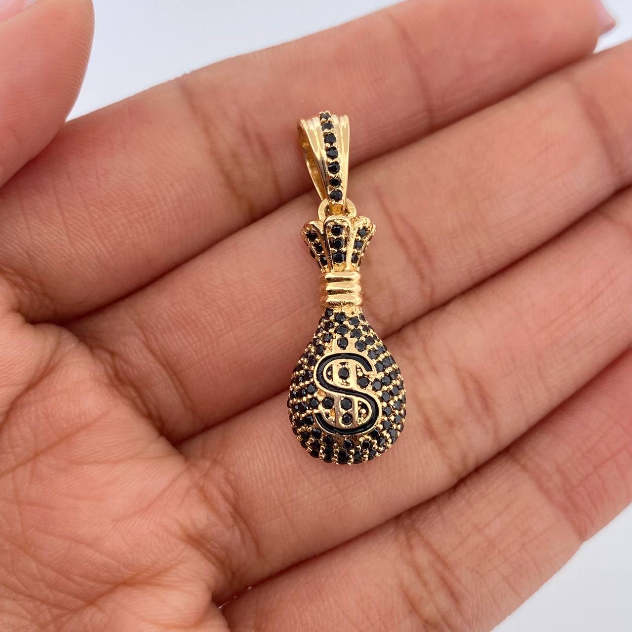 Pendant Money Bag 3.8gr / 3cm / Black Zircons 18K Yellow Gold &