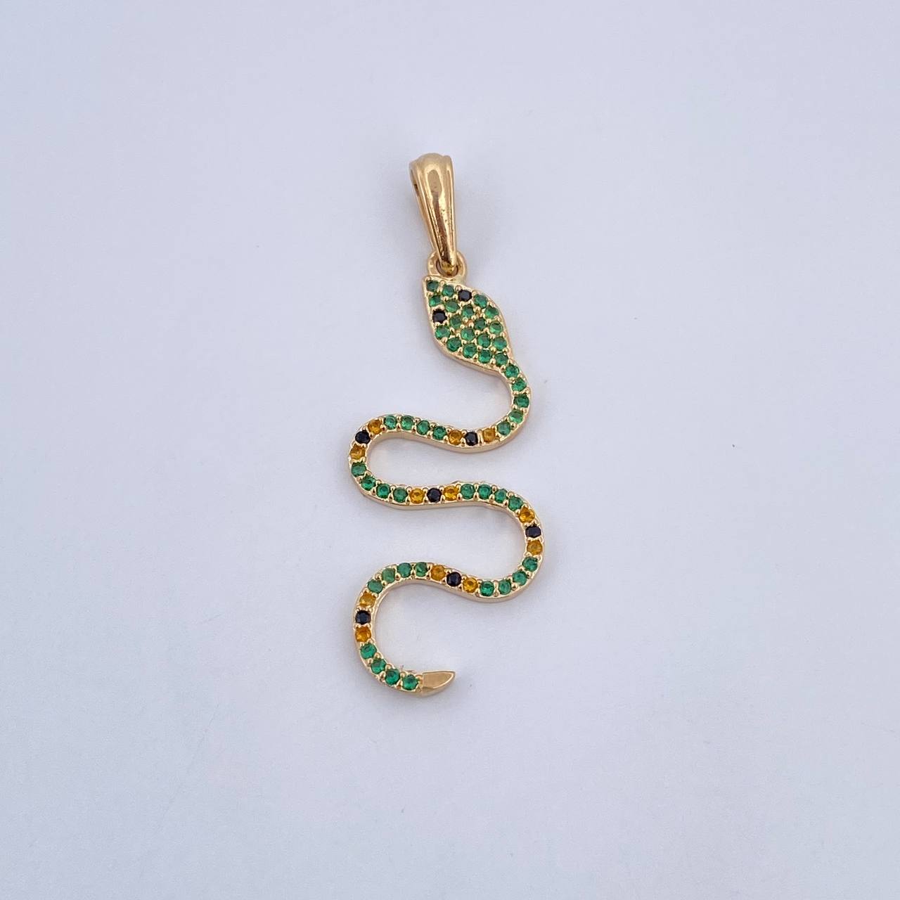 Pendant Snake 1.9gr / 3.8cm / Green Black Yellow Zircons 18K Yellow Gold &