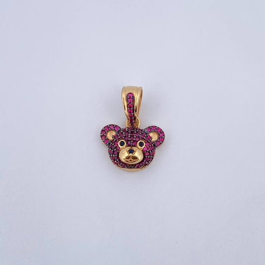 Pendant Bear Face 2.6gr / 2cm / Fuchsia Black Zircons 18K Yellow Gold &