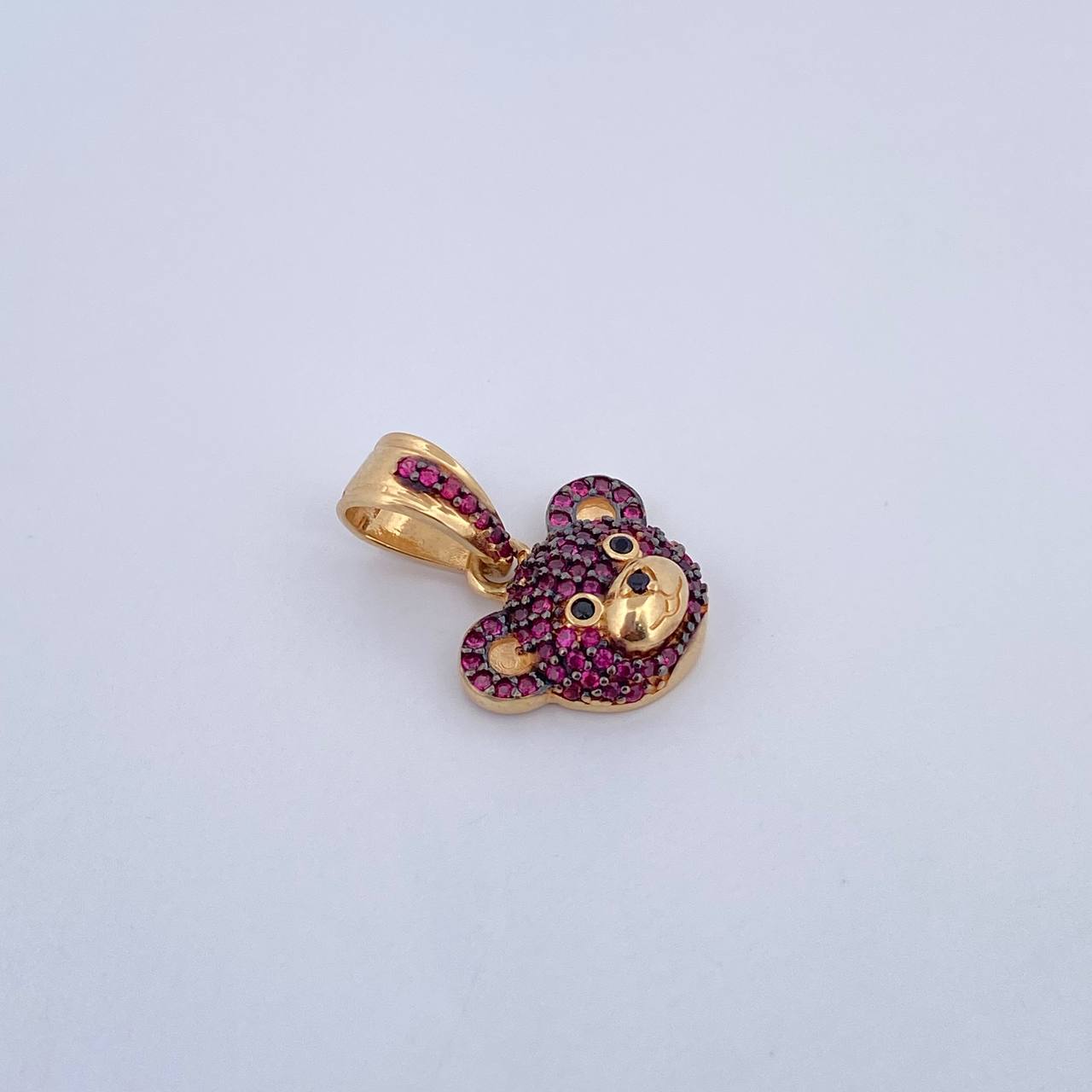 Pendant Bear Face 2.6gr / 2cm / Fuchsia Black Zircons 18K Yellow Gold &