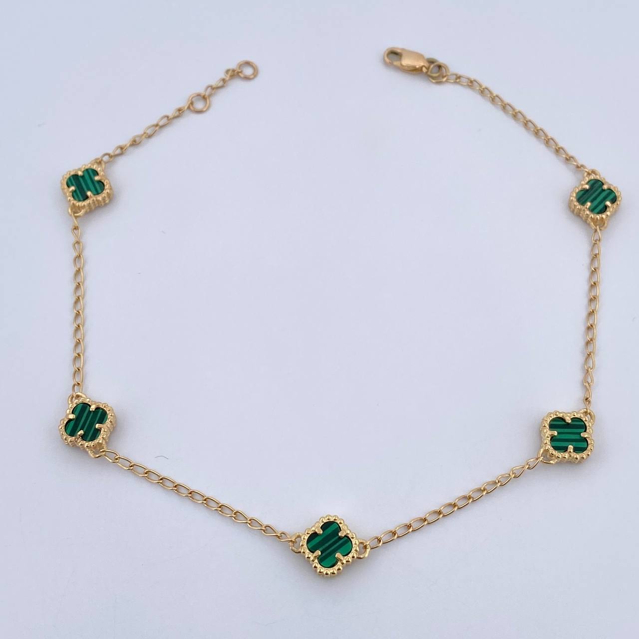 Tobillera Espiga Trebol  5.2gr / 23.2cm-24.4cm / 1.3mm Malaquita Verde Oro Amarillo 18K &