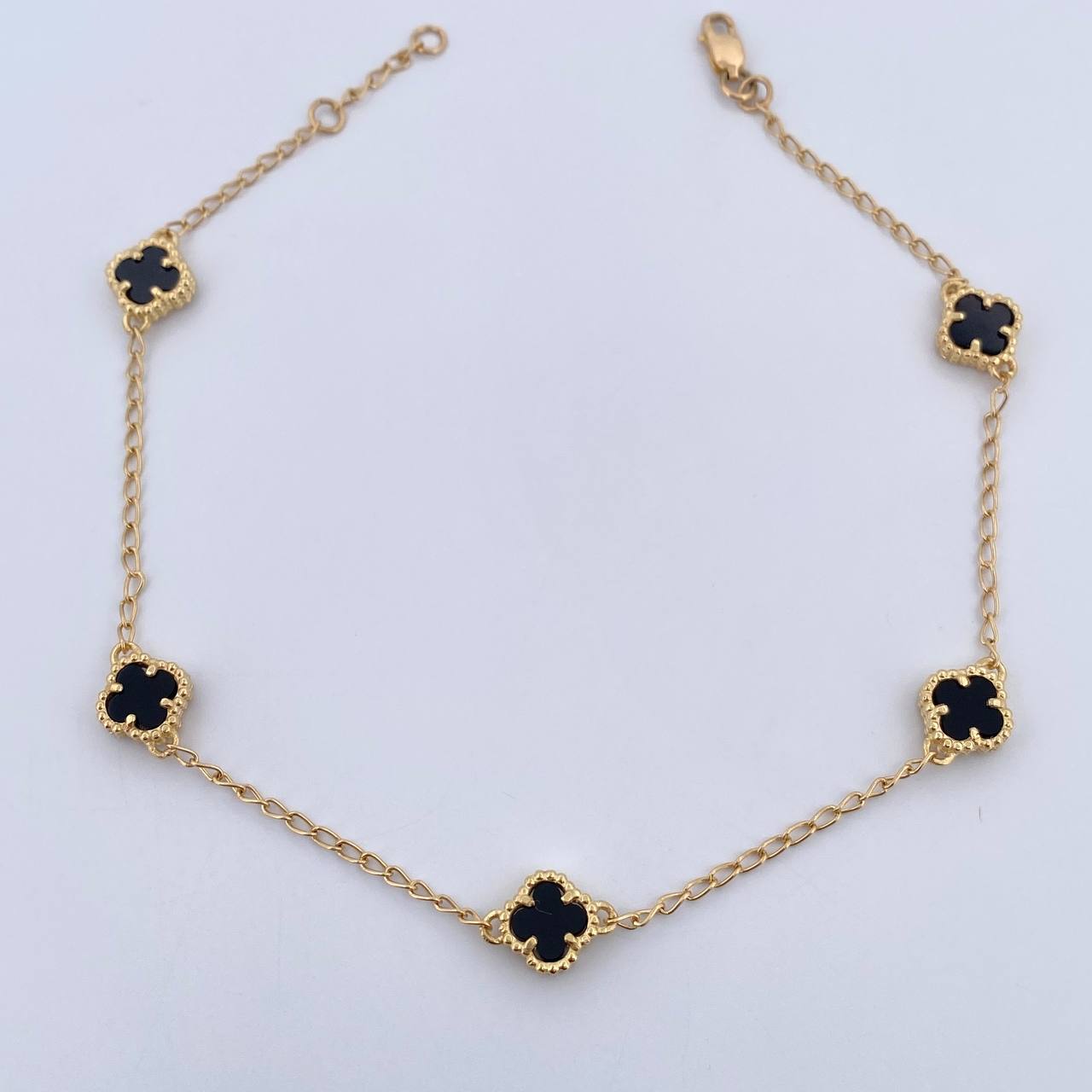 Tobillera Espiga Trebol 5.35gr / 23.1cm-24.4cm / 1.3mm Onix Negro Oro Amarillo 18K &