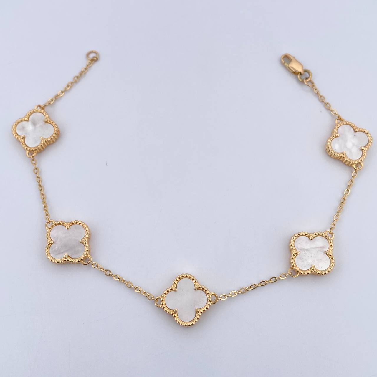 Pulso Aro Seguido Trebol 8.2gr / 17.4cm-19.5cm / 1.6mm Nacar Blanco Oro Amarillo 18K &