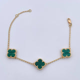 Pulso Espiga Trebol 5.3gr / 16.8cm-18.6cm / 1.2mm Malaquita Verde Oro Amarillo 18K &