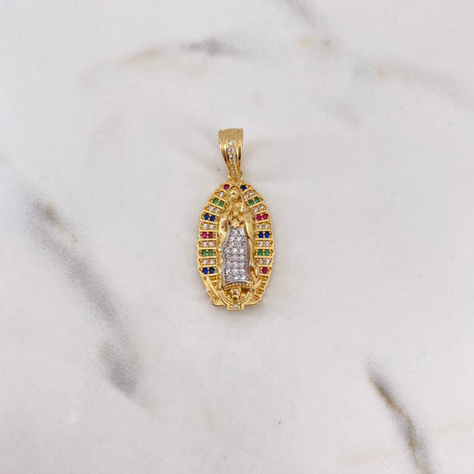 Dije Virgen Guadalupe 5.3gr / 3.3cm / Circones Verdes Fucsias Azules Blancos Dos Oros Amarillo Blanco 18K #