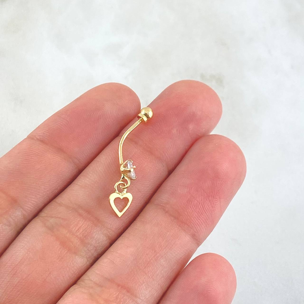 Piercing Ombligo Corazón Silueta Colgante 0.55gr / 2.7cm / Circon Blanco Rosca Bola Oro Amarillo 18K (Joya) ©