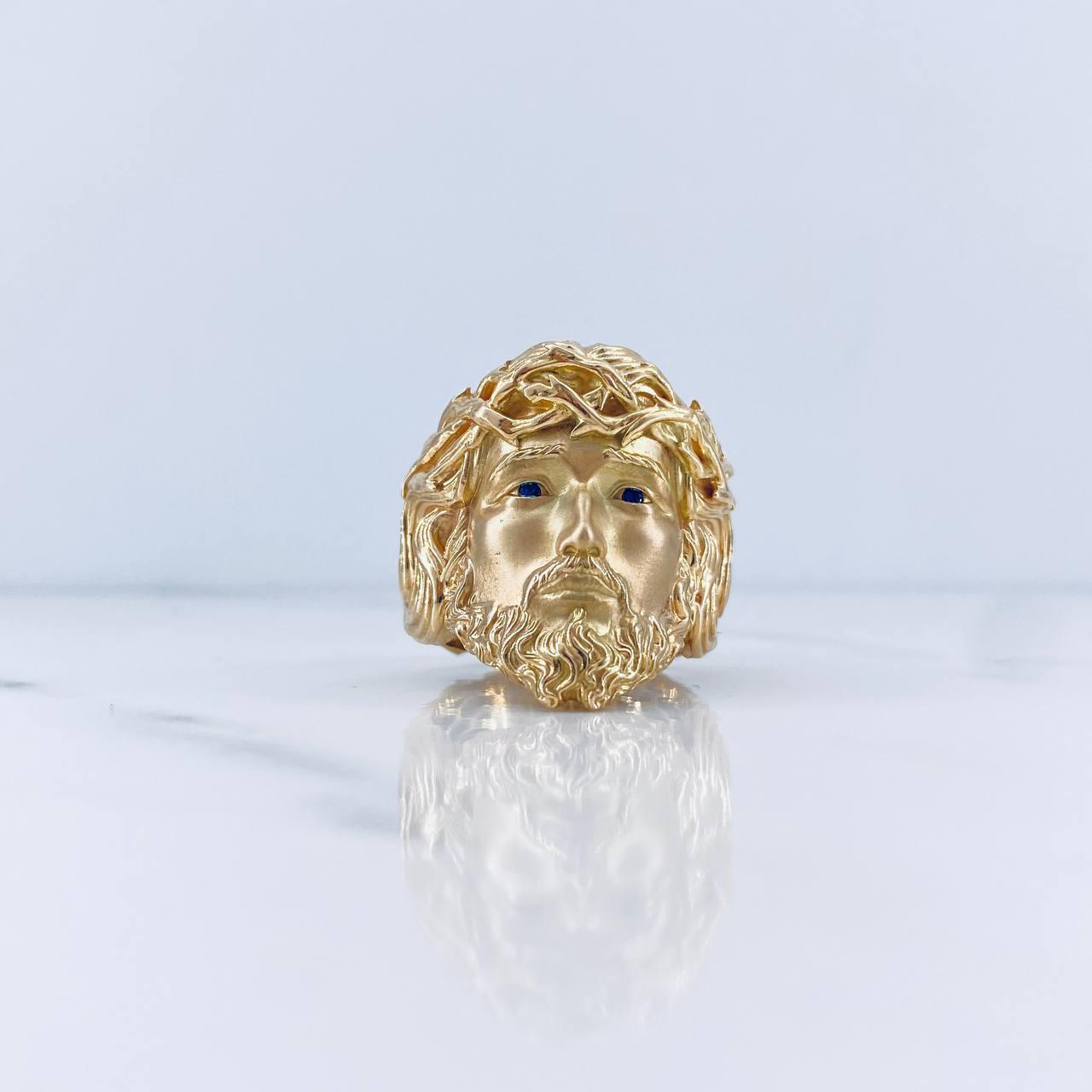 Jesus Face Ring 10.55gr / Size 8 3/4 / Blue Zircons 18K Yellow Gold $