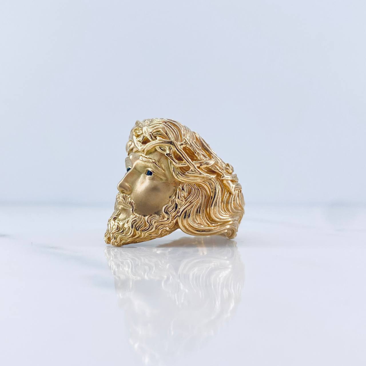 Jesus Face Ring 10.55gr / Size 8 3/4 / Blue Zircons 18K Yellow Gold $