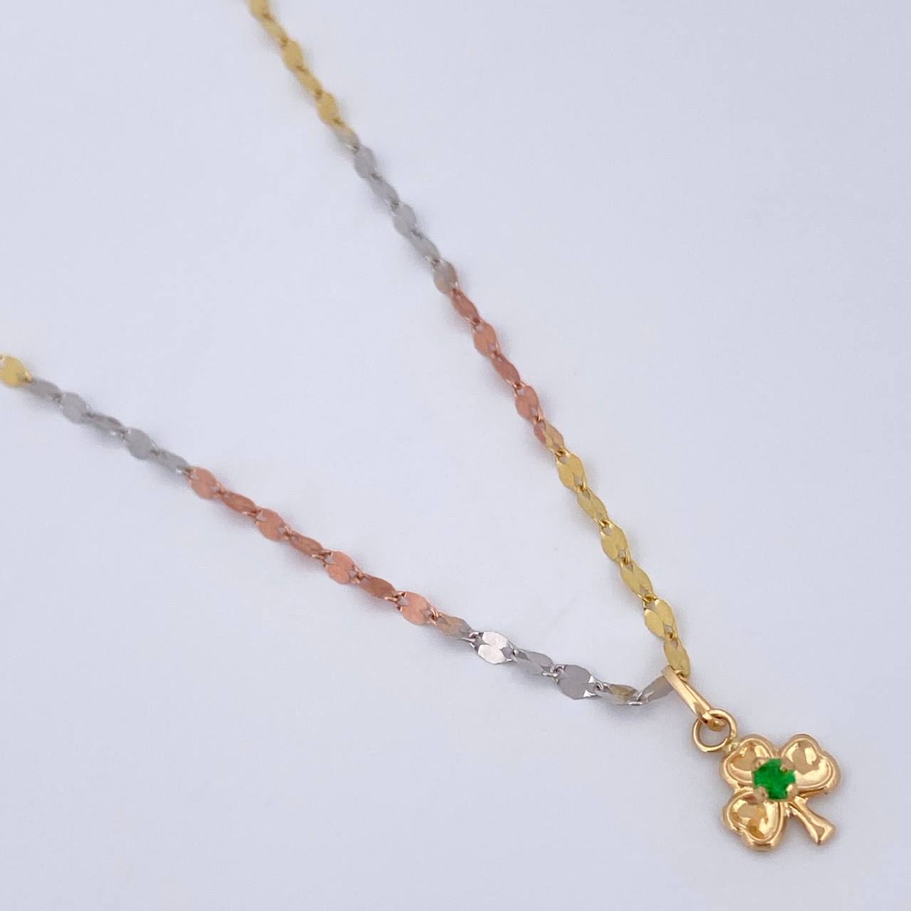 Flower Mirror Chain Set /1.1gr/17.7in/2.0mm + Pendant Clover/0.35gr/0.6in Green Zircon 18K Gold (Offer) $