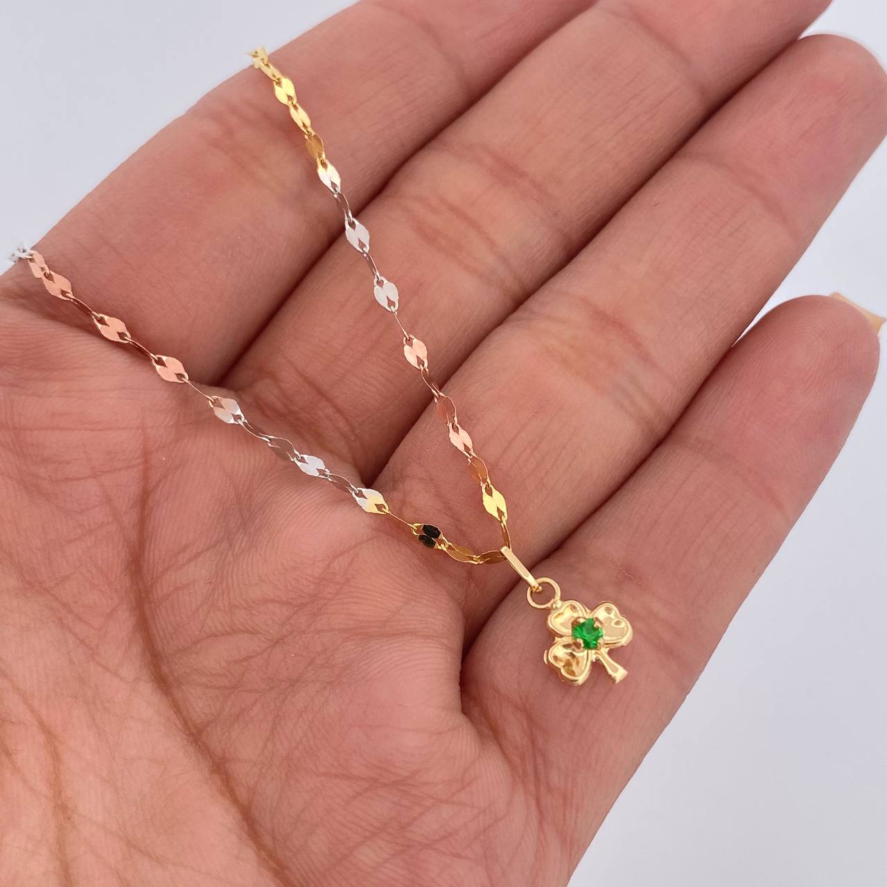 Flower Mirror Chain Set /1.1gr/17.7in/2.0mm + Pendant Clover/0.35gr/0.6in Green Zircon 18K Gold (Offer) $