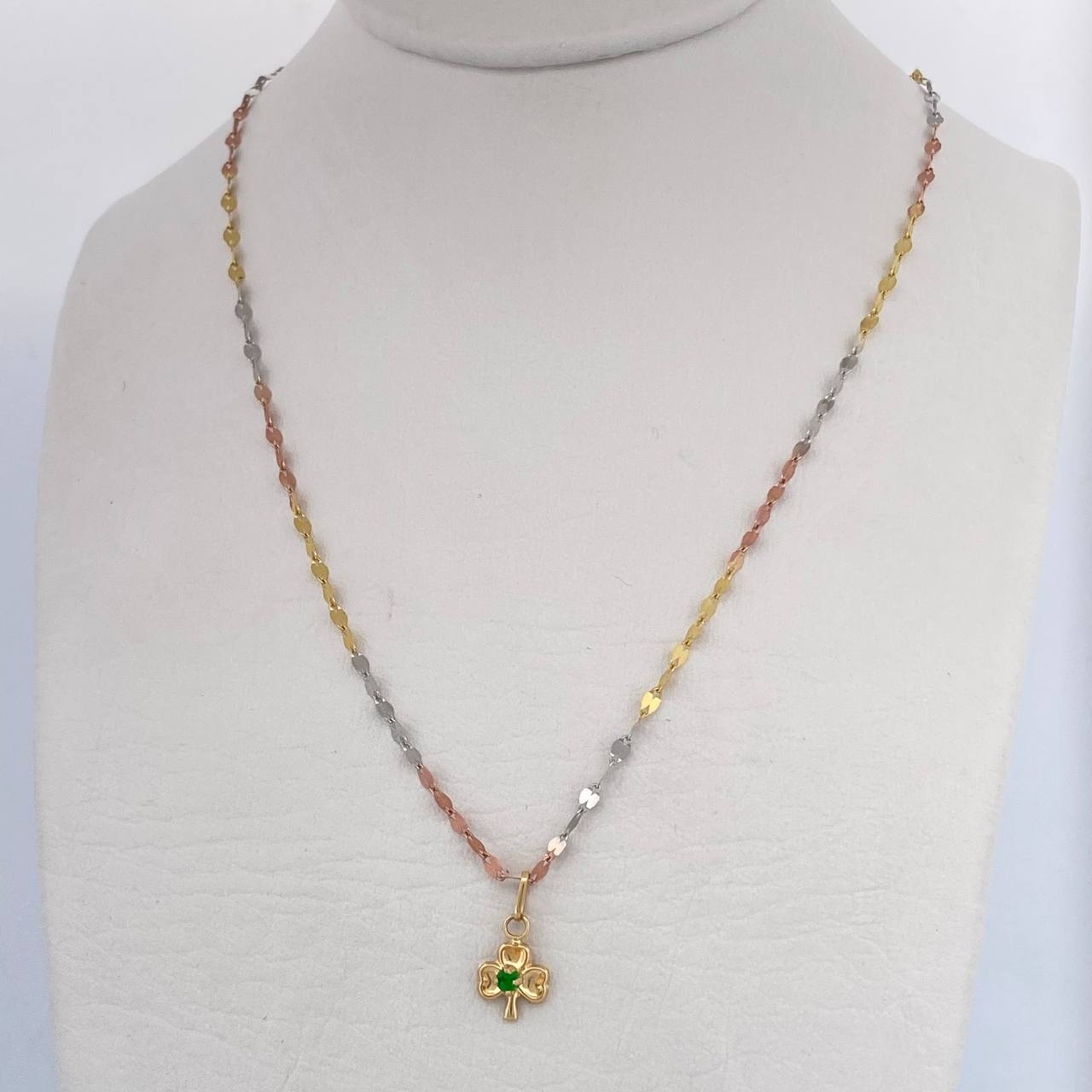 Flower Mirror Chain Set /1.1gr/17.7in/2.0mm + Pendant Clover/0.35gr/0.6in Green Zircon 18K Gold (Offer) $