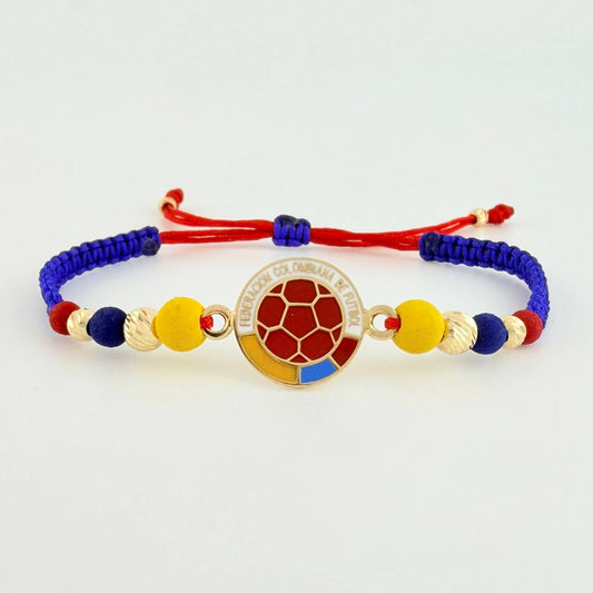 Pulsera Tejida Tricolor Escudo Selección Bolas Diamantadas 3Mm- 4Mm-5Mm / 6 Und Oro Amarillo 18K