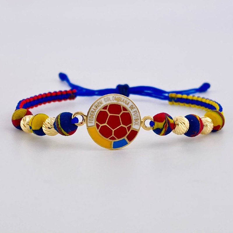Pulsera Tejida Tricolor Escudo Selección Bolas Diamantadas 5Mm / 4 Und Oro Amarillo 18K